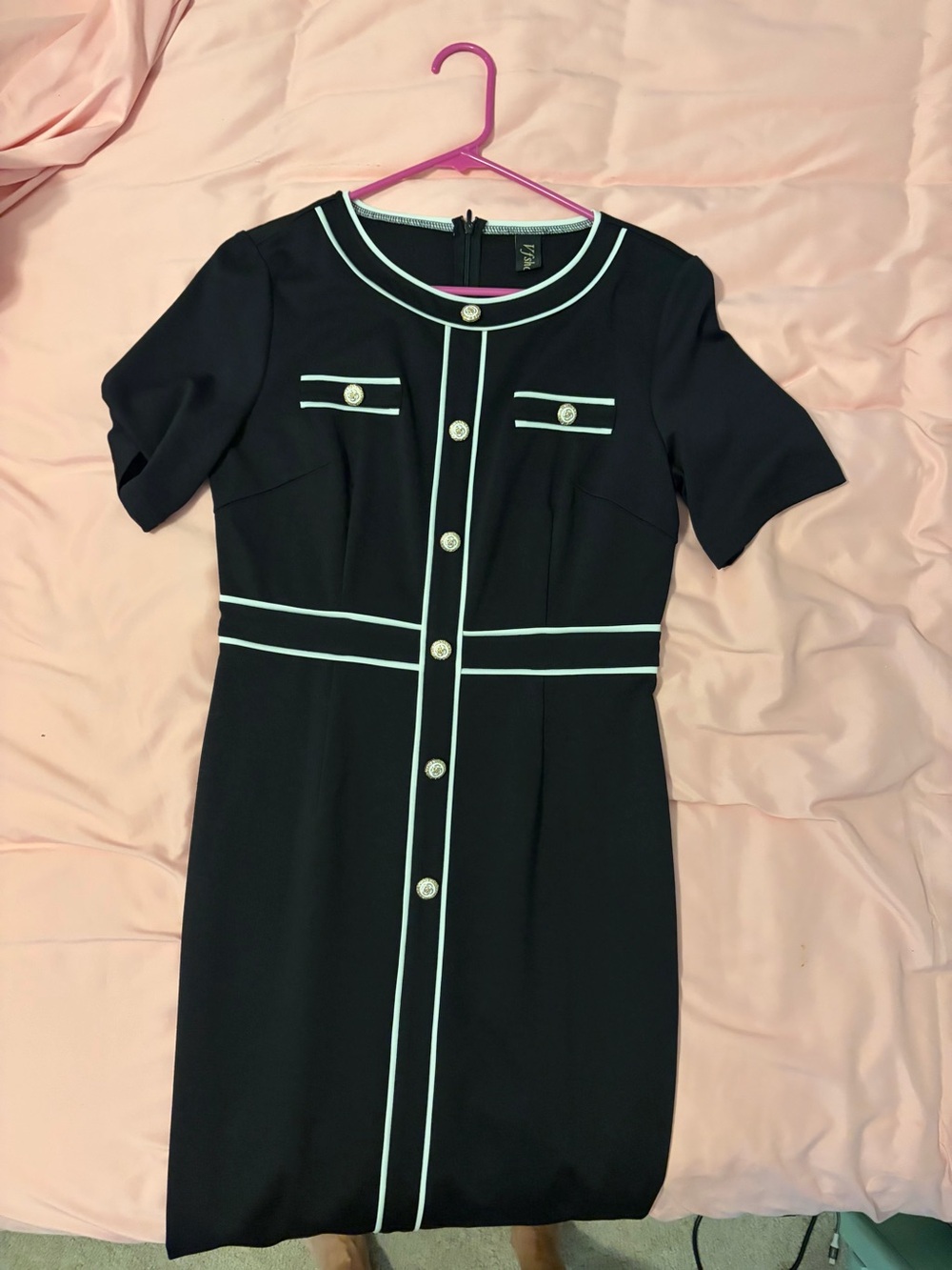 Classic Black Sheath Dress with White Piping. Beautiful and classy.
